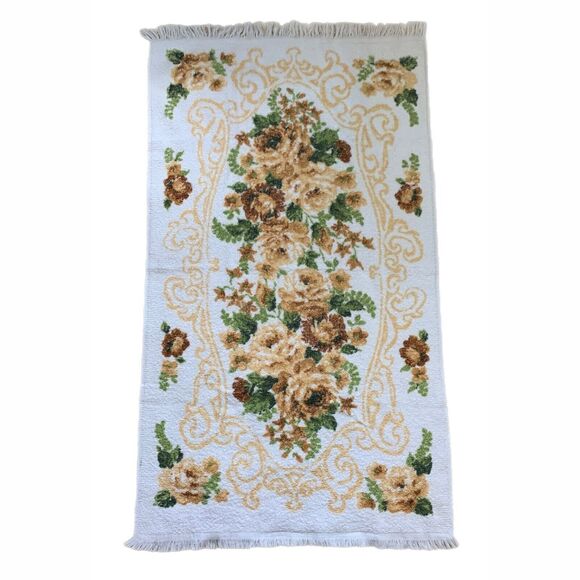 Cannon Floral Terry Towel Set Beige Brown Scroll Cotton Fringe Made USA Vintage - Picture 4 of 4